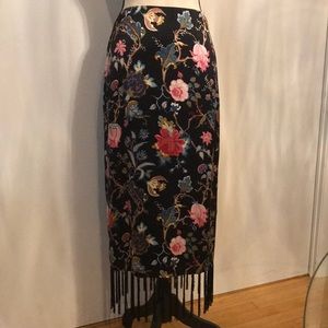 Black Floral 100% Silk Skirt with Fringe Tassel Hem